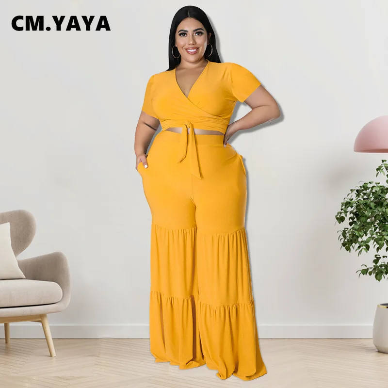 CM.YAYA Elegant Plus Size Loose Lantern Flare Trousers Suit Women's Set Tie Crop Top Straight Pants Tracksuit Two 2 Piece Set