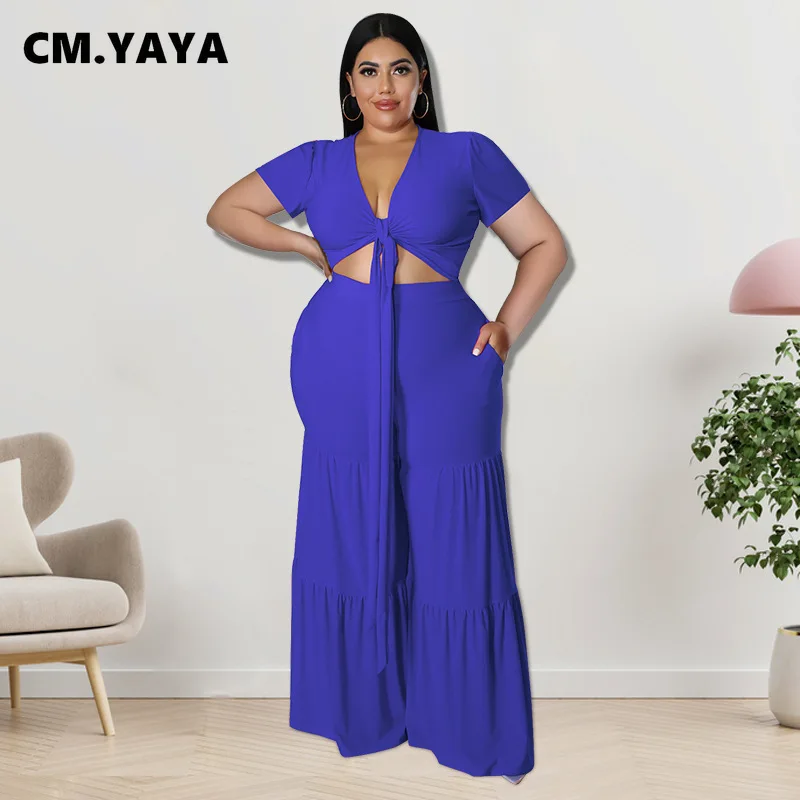 CM.YAYA Elegant Plus Size Loose Lantern Flare Trousers Suit Women's Set Tie Crop Top Straight Pants Tracksuit Two 2 Piece Set