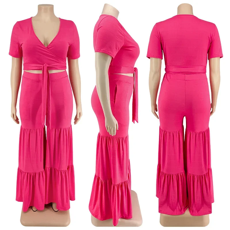 CM.YAYA Elegant Plus Size Loose Lantern Flare Trousers Suit Women's Set Tie Crop Top Straight Pants Tracksuit Two 2 Piece Set