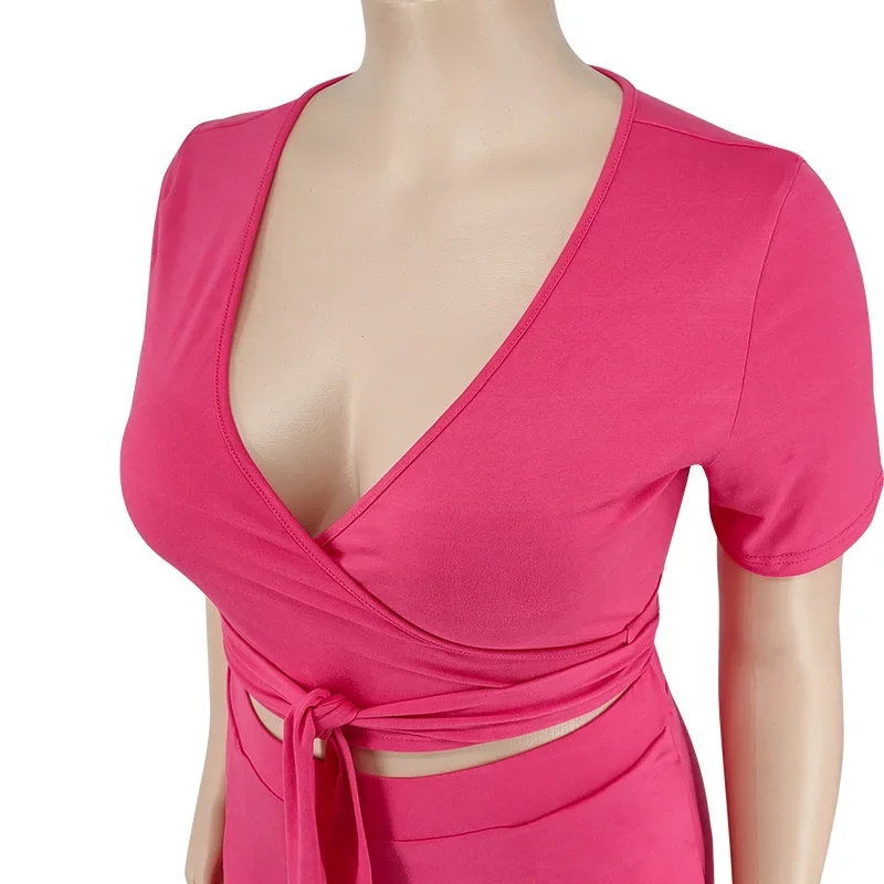 CM.YAYA Elegant Plus Size Loose Lantern Flare Trousers Suit Women's Set Tie Crop Top Straight Pants Tracksuit Two 2 Piece Set