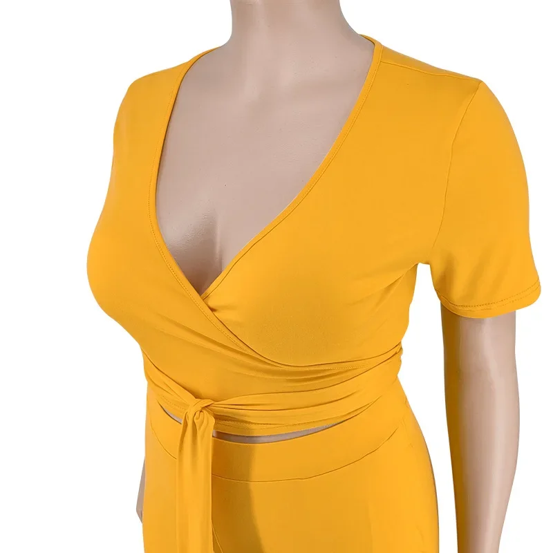 CM.YAYA Elegant Plus Size Loose Lantern Flare Trousers Suit Women's Set Tie Crop Top Straight Pants Tracksuit Two 2 Piece Set