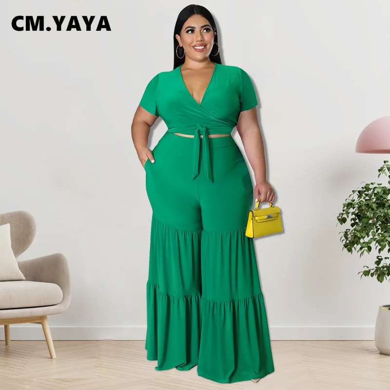 CM.YAYA Elegant Plus Size Loose Lantern Flare Trousers Suit Women's Set Tie Crop Top Straight Pants Tracksuit Two 2 Piece Set