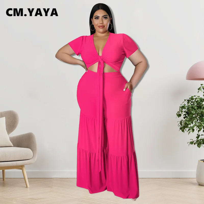 CM.YAYA Elegant Plus Size Loose Lantern Flare Trousers Suit Women's Set Tie Crop Top Straight Pants Tracksuit Two 2 Piece Set