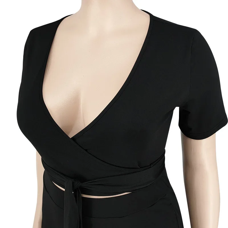 CM.YAYA Elegant Plus Size Loose Lantern Flare Trousers Suit Women's Set Tie Crop Top Straight Pants Tracksuit Two 2 Piece Set