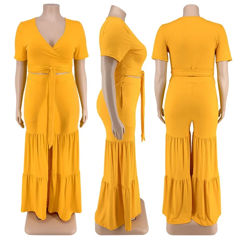 CM.YAYA Elegant Plus Size Loose Lantern Flare Trousers Suit Women's Set Tie Crop Top Straight Pants Tracksuit Two 2 Piece Set