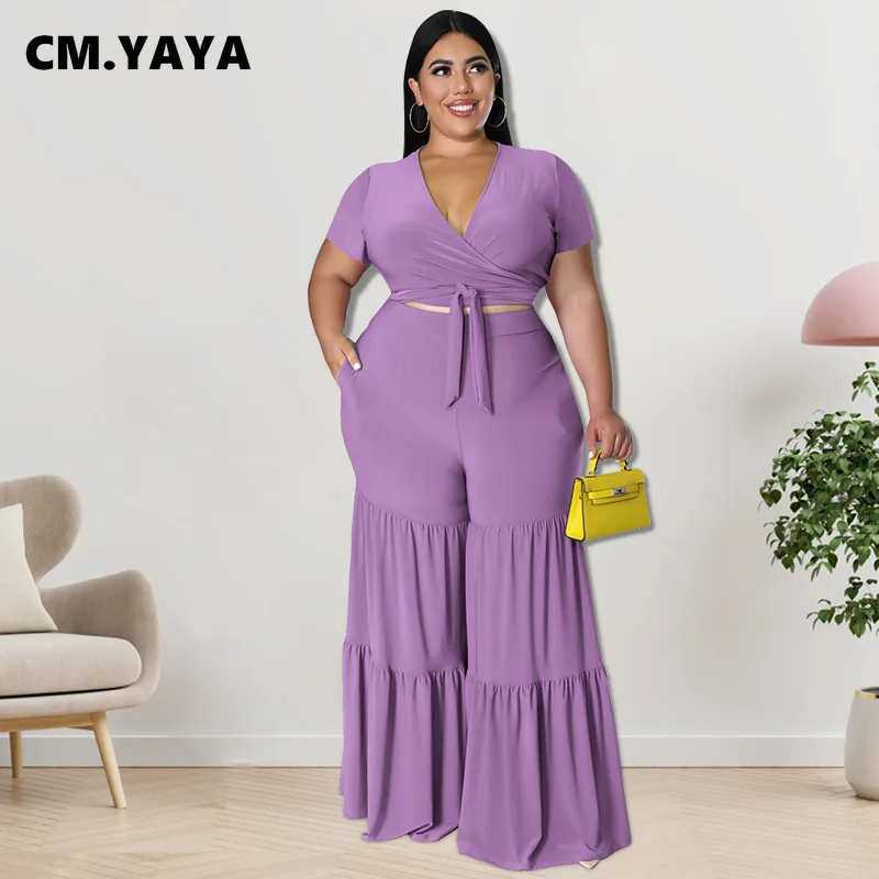 CM.YAYA Elegant Plus Size Loose Lantern Flare Trousers Suit Women's Set Tie Crop Top Straight Pants Tracksuit Two 2 Piece Set