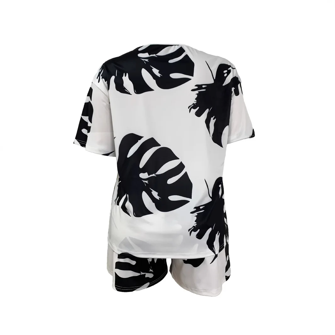 CM.YAYA Plus Size Leaf Printed Women's Set V-neck Short Sleeve T-shirt and Shorts 2025 Summer Two 2 Piece Set Outfit Tracksuit