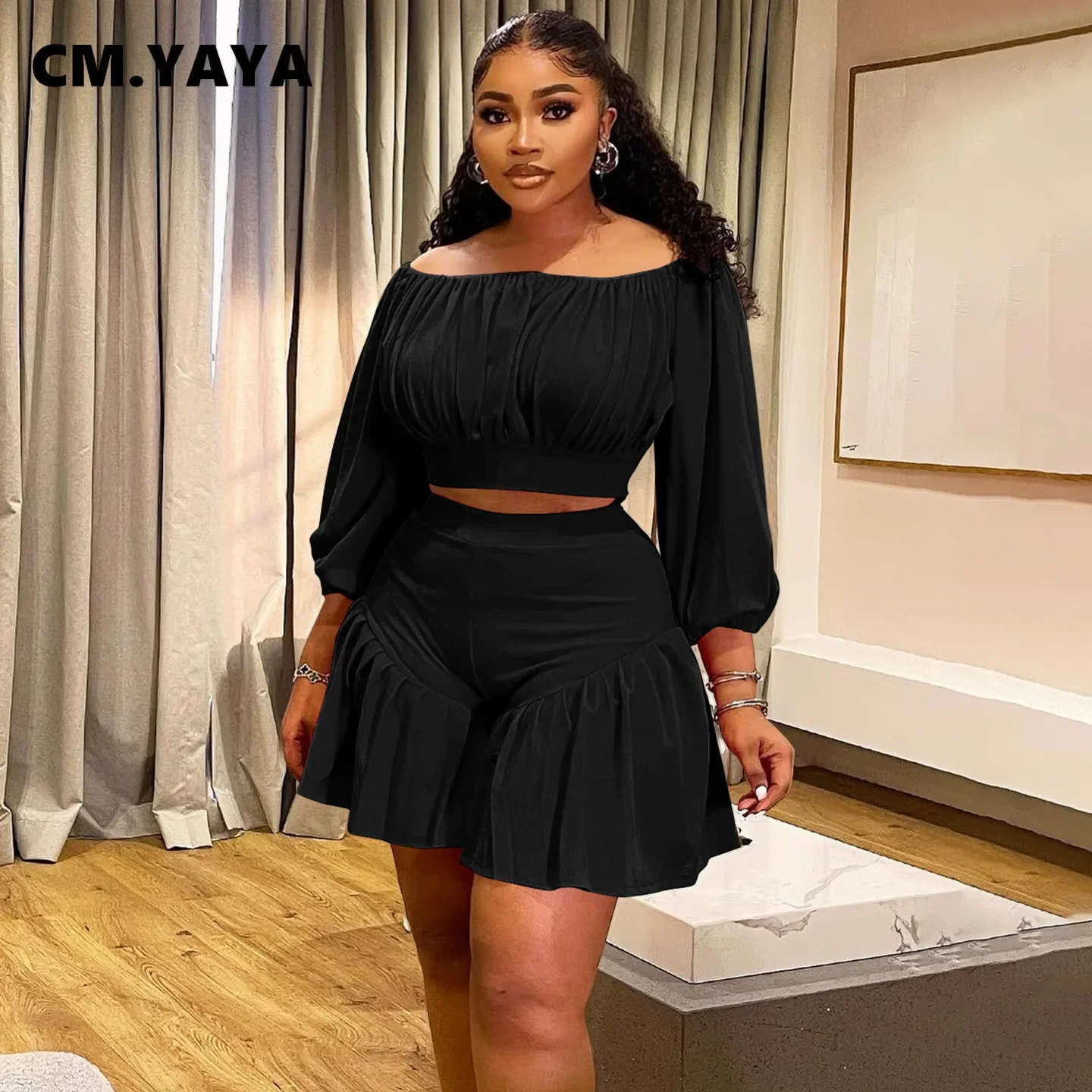 CM.YAYA Plus Size Women’s Set Long Sleeve Slash Neck T-Shirt and Shorts 2025 Summer Ruched Two 2 Piece Set Outfits Tracksuit CM.YAYA Plus Size Women's Set Long Sleeve Slash Neck T-Shirt and Shorts 2025 Summer Ruched Two 2 Piece Set Outfits Tracksuit
