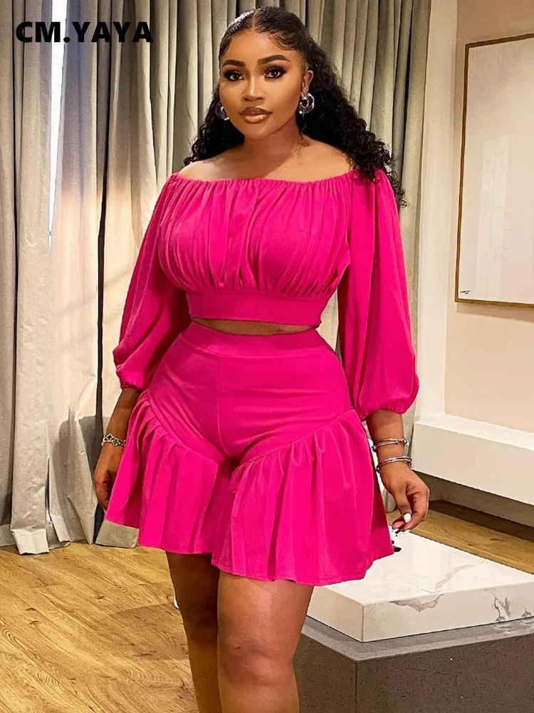 CM.YAYA Plus Size Women’s Set Long Sleeve Slash Neck T-Shirt and Shorts 2025 Summer Ruched Two 2 Piece Set Outfits Tracksuit CM.YAYA Plus Size Women's Set Long Sleeve Slash Neck T-Shirt and Shorts 2025 Summer Ruched Two 2 Piece Set Outfits Tracksuit
