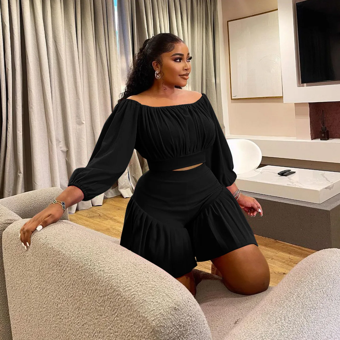 CM.YAYA Plus Size Women's Set Long Sleeve Slash Neck T-Shirt and Shorts 2025 Summer Ruched Two 2 Piece Set Outfits Tracksuit CM.YAYA Plus Size Women's Set Long Sleeve Slash Neck T-Shirt and Shorts 2025 Summer Ruched Two 2 Piece Set Outfits Tracksuit