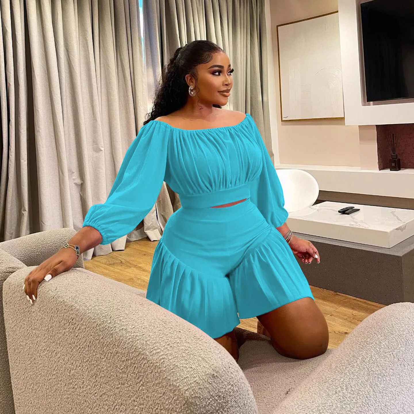 CM.YAYA Plus Size Women's Set Long Sleeve Slash Neck T-Shirt and Shorts 2025 Summer Ruched Two 2 Piece Set Outfits Tracksuit CM.YAYA Plus Size Women's Set Long Sleeve Slash Neck T-Shirt and Shorts 2025 Summer Ruched Two 2 Piece Set Outfits Tracksuit
