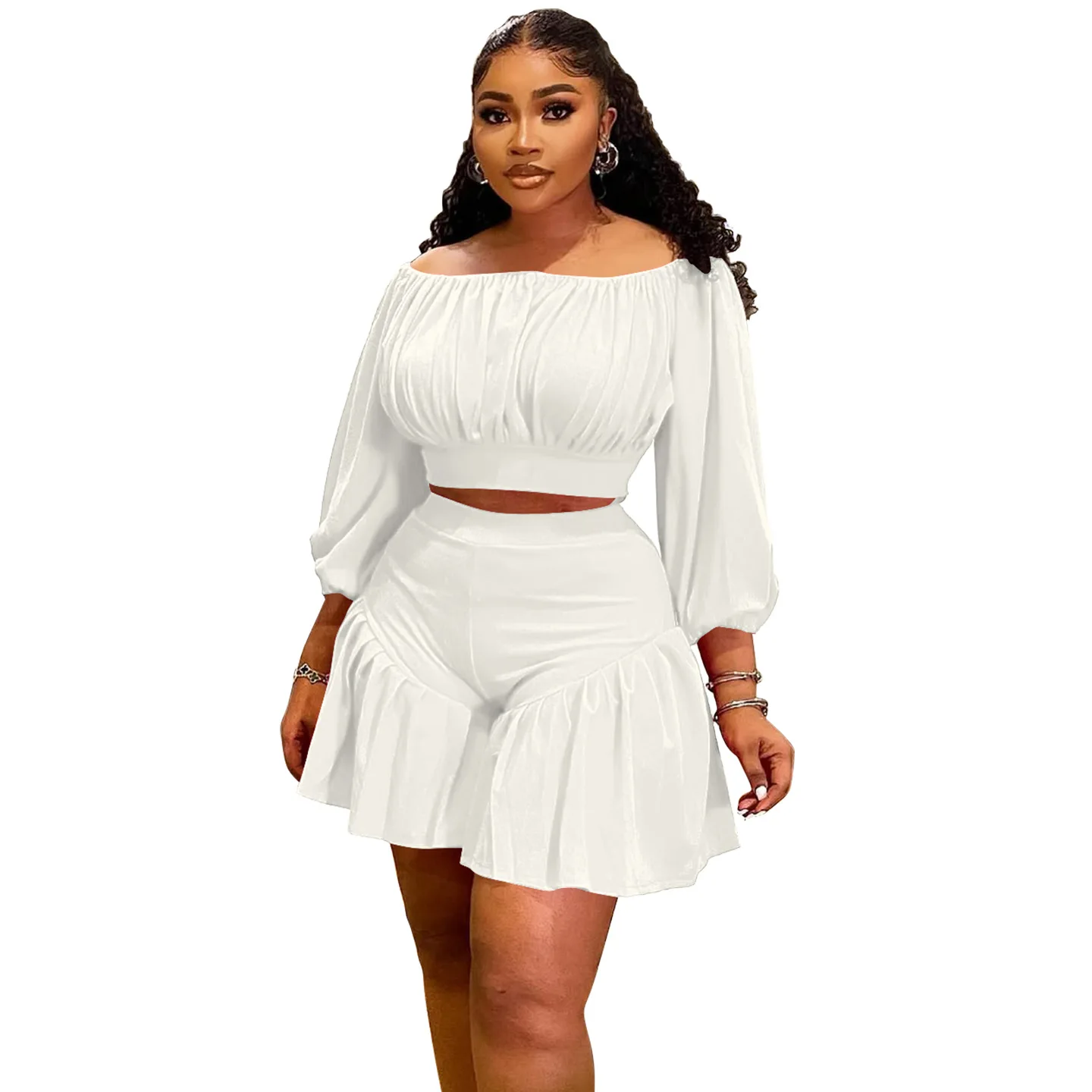 CM.YAYA Plus Size Women's Set Long Sleeve Slash Neck T-Shirt and Shorts 2025 Summer Ruched Two 2 Piece Set Outfits Tracksuit CM.YAYA Plus Size Women's Set Long Sleeve Slash Neck T-Shirt and Shorts 2025 Summer Ruched Two 2 Piece Set Outfits Tracksuit