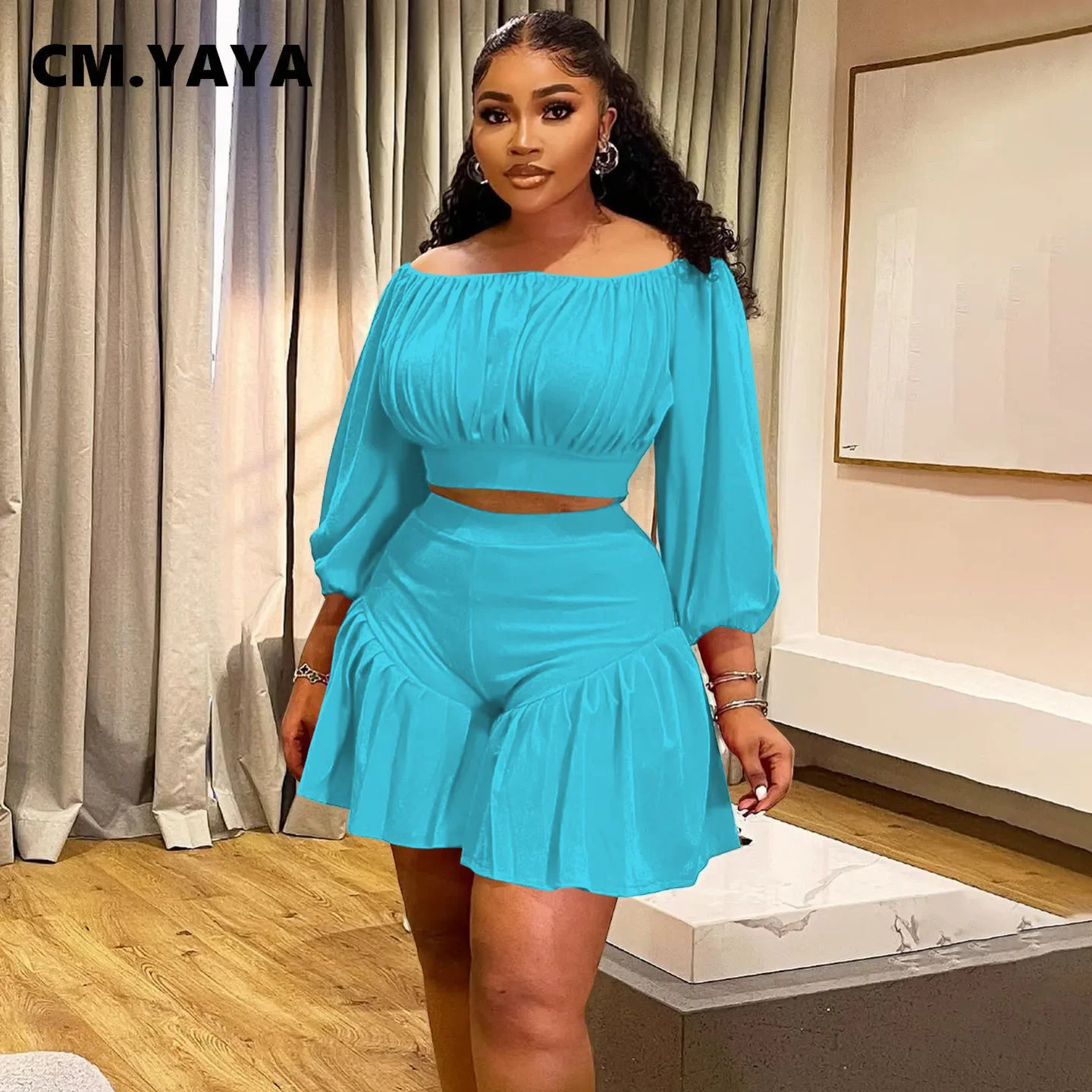 CM.YAYA Plus Size Women’s Set Long Sleeve Slash Neck T-Shirt and Shorts 2025 Summer Ruched Two 2 Piece Set Outfits Tracksuit CM.YAYA Plus Size Women's Set Long Sleeve Slash Neck T-Shirt and Shorts 2025 Summer Ruched Two 2 Piece Set Outfits Tracksuit
