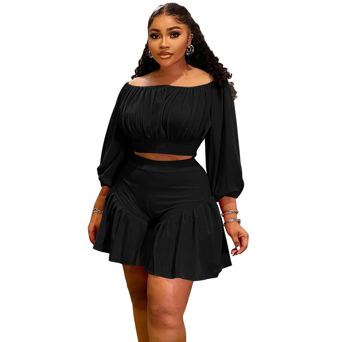 CM.YAYA Plus Size Women's Set Long Sleeve Slash Neck T-Shirt and Shorts 2025 Summer Ruched Two 2 Piece Set Outfits Tracksuit CM.YAYA Plus Size Women's Set Long Sleeve Slash Neck T-Shirt and Shorts 2025 Summer Ruched Two 2 Piece Set Outfits Tracksuit
