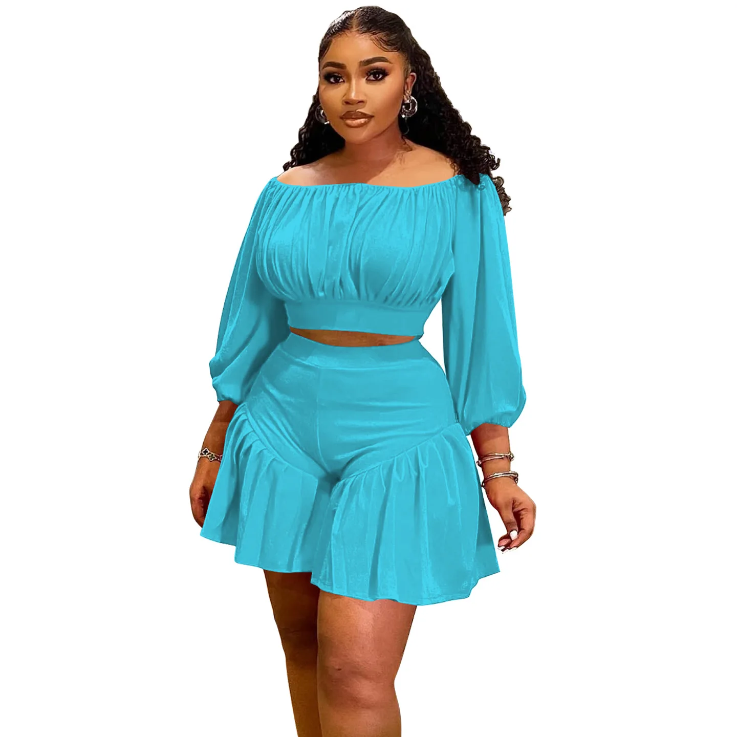 CM.YAYA Plus Size Women's Set Long Sleeve Slash Neck T-Shirt and Shorts 2025 Summer Ruched Two 2 Piece Set Outfits Tracksuit CM.YAYA Plus Size Women's Set Long Sleeve Slash Neck T-Shirt and Shorts 2025 Summer Ruched Two 2 Piece Set Outfits Tracksuit