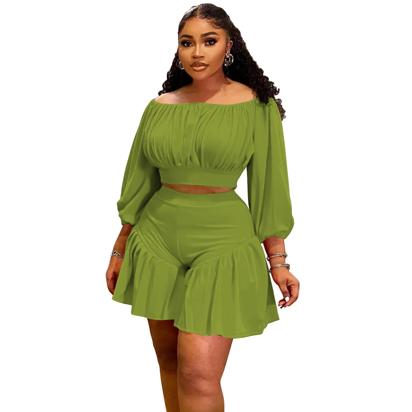 CM.YAYA Plus Size Women's Set Long Sleeve Slash Neck T-Shirt and Shorts 2025 Summer Ruched Two 2 Piece Set Outfits Tracksuit CM.YAYA Plus Size Women's Set Long Sleeve Slash Neck T-Shirt and Shorts 2025 Summer Ruched Two 2 Piece Set Outfits Tracksuit