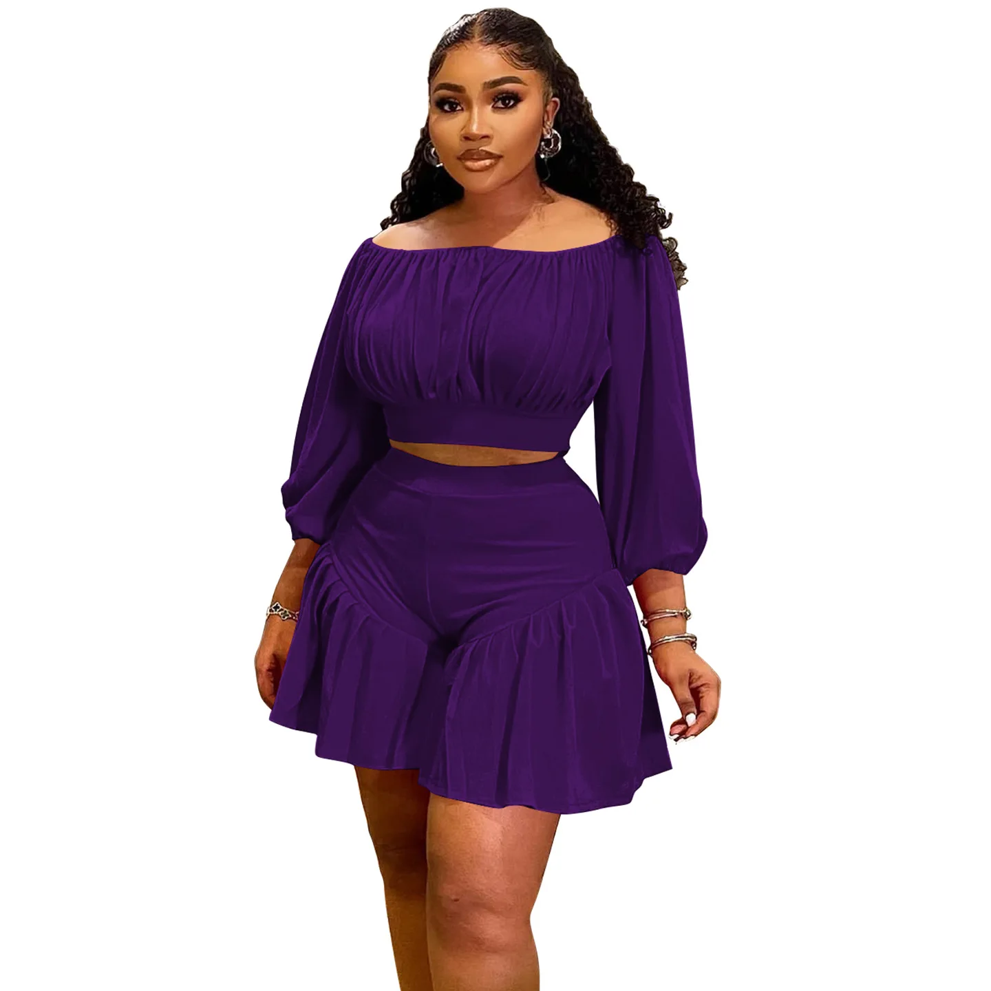 CM.YAYA Plus Size Women's Set Long Sleeve Slash Neck T-Shirt and Shorts 2025 Summer Ruched Two 2 Piece Set Outfits Tracksuit CM.YAYA Plus Size Women's Set Long Sleeve Slash Neck T-Shirt and Shorts 2025 Summer Ruched Two 2 Piece Set Outfits Tracksuit