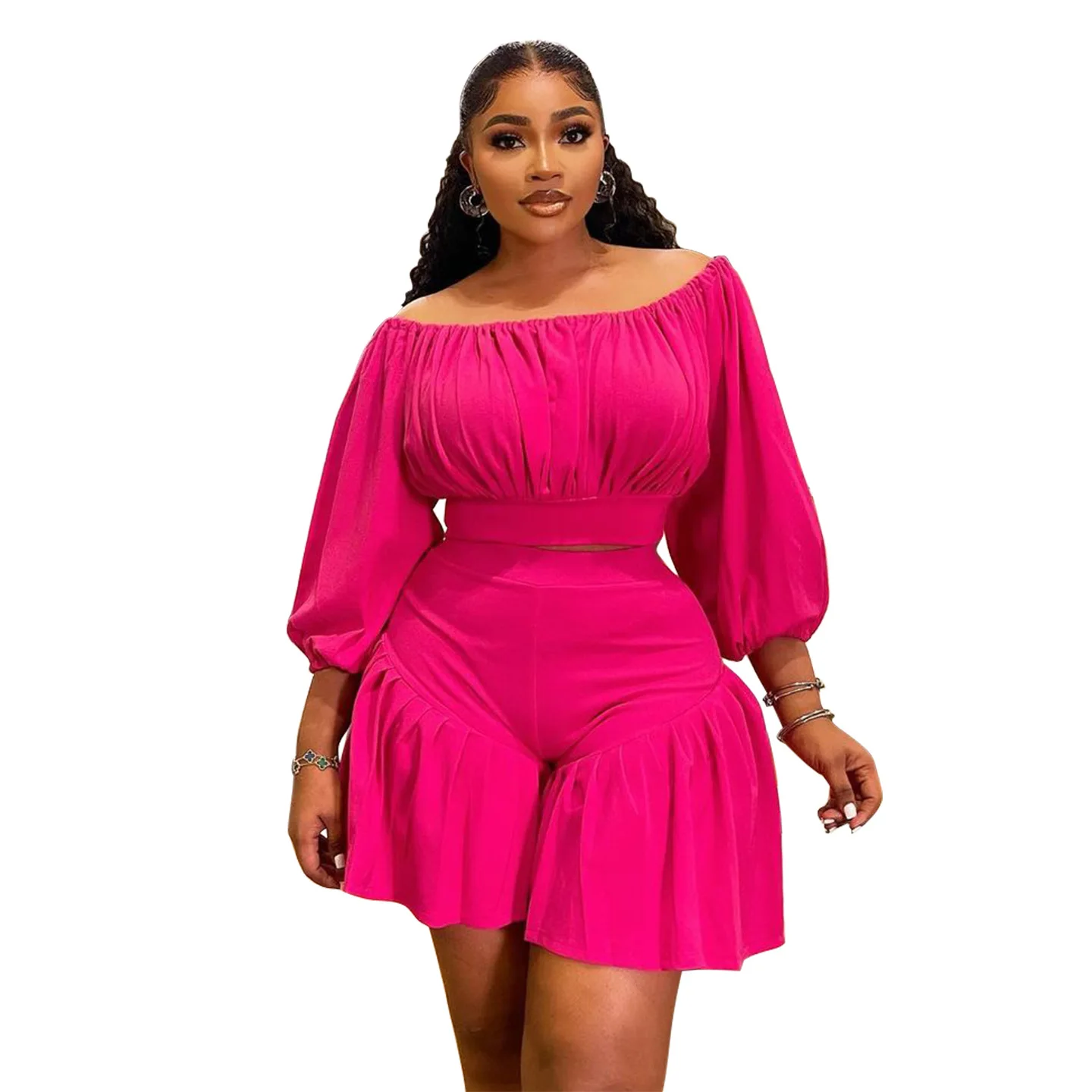 CM.YAYA Plus Size Women's Set Long Sleeve Slash Neck T-Shirt and Shorts 2025 Summer Ruched Two 2 Piece Set Outfits Tracksuit CM.YAYA Plus Size Women's Set Long Sleeve Slash Neck T-Shirt and Shorts 2025 Summer Ruched Two 2 Piece Set Outfits Tracksuit