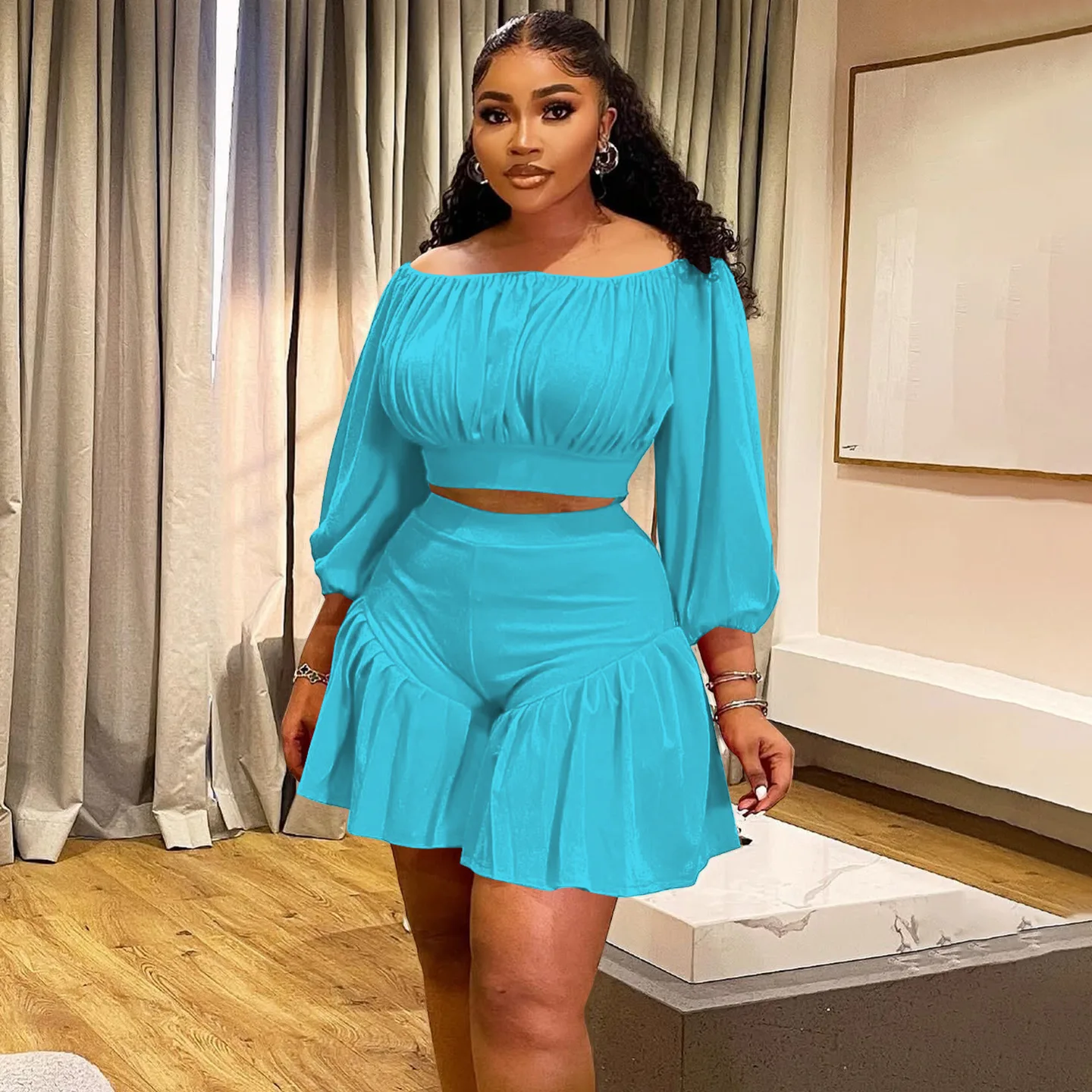 CM.YAYA Plus Size Women's Set Long Sleeve Slash Neck T-Shirt and Shorts 2025 Summer Ruched Two 2 Piece Set Outfits Tracksuit CM.YAYA Plus Size Women's Set Long Sleeve Slash Neck T-Shirt and Shorts 2025 Summer Ruched Two 2 Piece Set Outfits Tracksuit