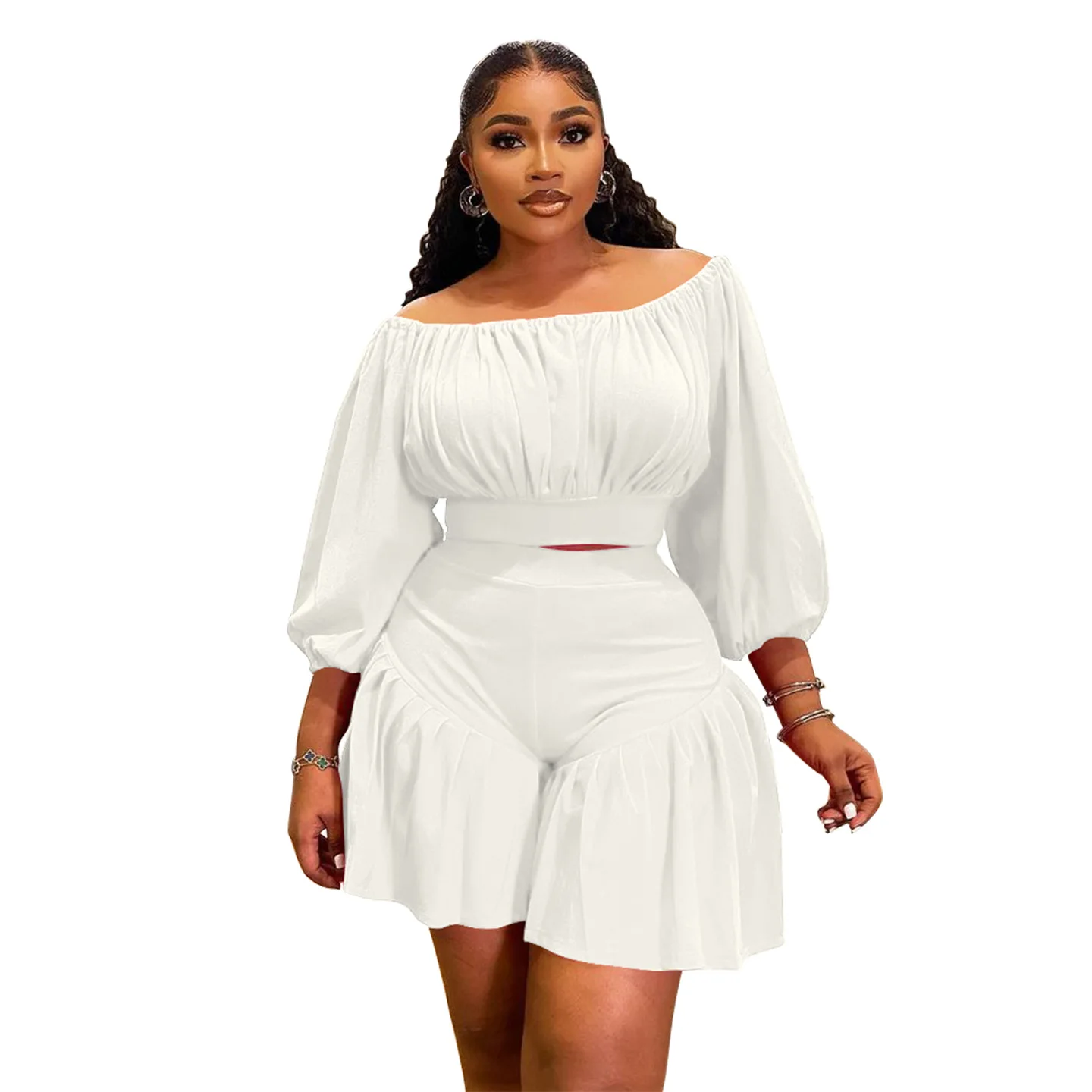 CM.YAYA Plus Size Women's Set Long Sleeve Slash Neck T-Shirt and Shorts 2025 Summer Ruched Two 2 Piece Set Outfits Tracksuit CM.YAYA Plus Size Women's Set Long Sleeve Slash Neck T-Shirt and Shorts 2025 Summer Ruched Two 2 Piece Set Outfits Tracksuit