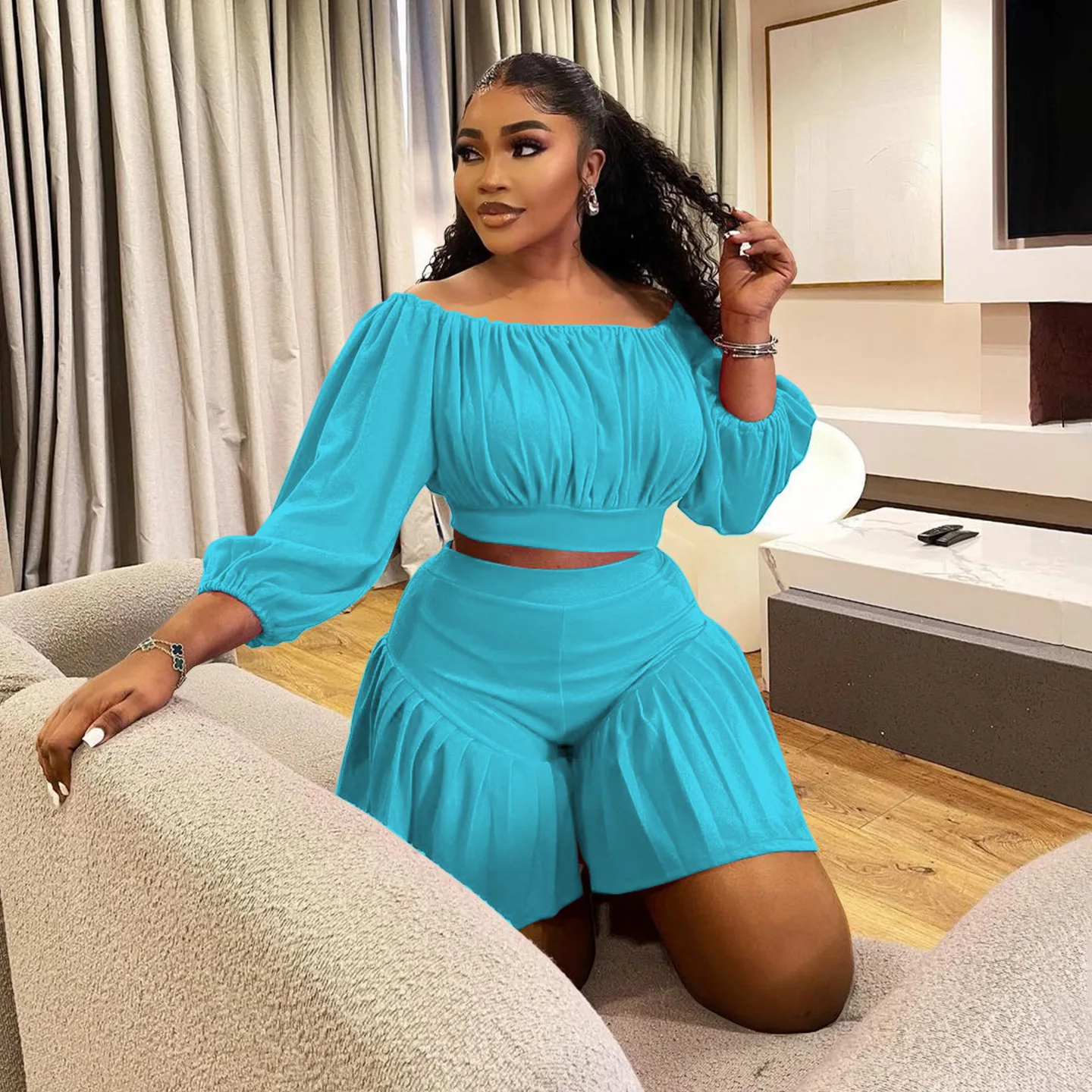 CM.YAYA Plus Size Women's Set Long Sleeve Slash Neck T-Shirt and Shorts 2025 Summer Ruched Two 2 Piece Set Outfits Tracksuit CM.YAYA Plus Size Women's Set Long Sleeve Slash Neck T-Shirt and Shorts 2025 Summer Ruched Two 2 Piece Set Outfits Tracksuit