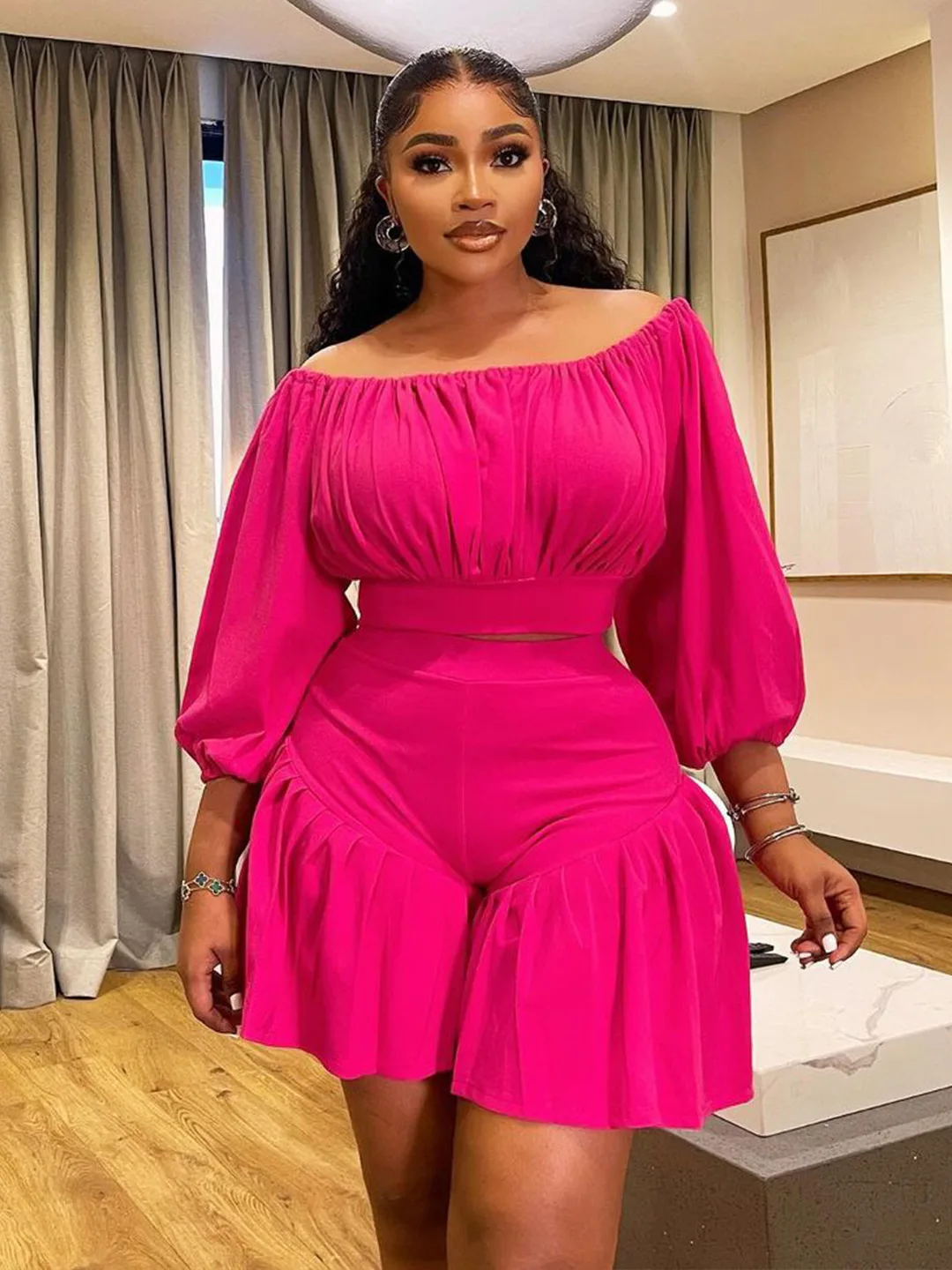 CM.YAYA Plus Size Women's Set Long Sleeve Slash Neck T-Shirt and Shorts 2025 Summer Ruched Two 2 Piece Set Outfits Tracksuit CM.YAYA Plus Size Women's Set Long Sleeve Slash Neck T-Shirt and Shorts 2025 Summer Ruched Two 2 Piece Set Outfits Tracksuit