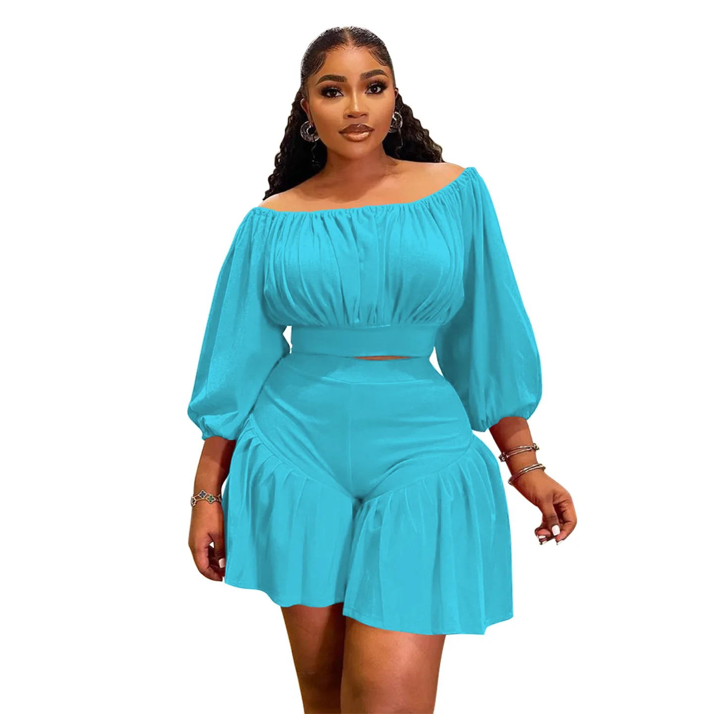 CM.YAYA Plus Size Women's Set Long Sleeve Slash Neck T-Shirt and Shorts 2025 Summer Ruched Two 2 Piece Set Outfits Tracksuit CM.YAYA Plus Size Women's Set Long Sleeve Slash Neck T-Shirt and Shorts 2025 Summer Ruched Two 2 Piece Set Outfits Tracksuit