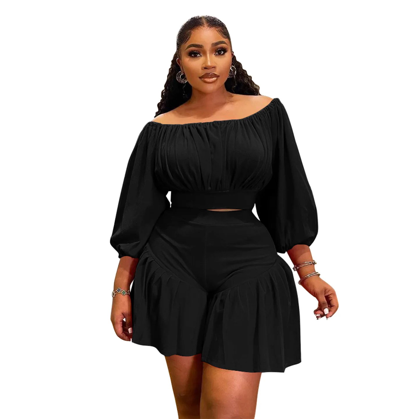 CM.YAYA Plus Size Women's Set Long Sleeve Slash Neck T-Shirt and Shorts 2025 Summer Ruched Two 2 Piece Set Outfits Tracksuit CM.YAYA Plus Size Women's Set Long Sleeve Slash Neck T-Shirt and Shorts 2025 Summer Ruched Two 2 Piece Set Outfits Tracksuit