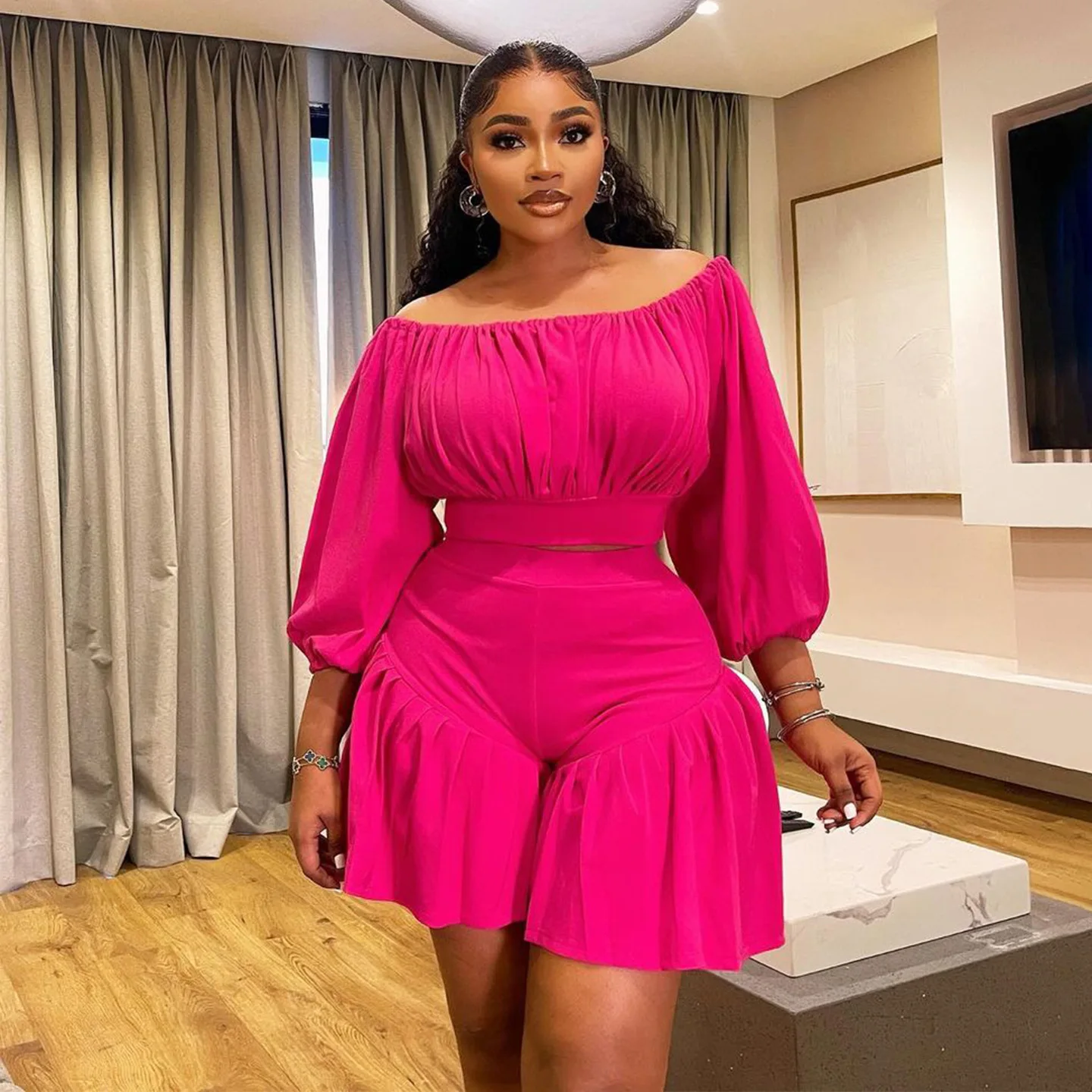 CM.YAYA Plus Size Women's Set Long Sleeve Slash Neck T-Shirt and Shorts 2025 Summer Ruched Two 2 Piece Set Outfits Tracksuit CM.YAYA Plus Size Women's Set Long Sleeve Slash Neck T-Shirt and Shorts 2025 Summer Ruched Two 2 Piece Set Outfits Tracksuit