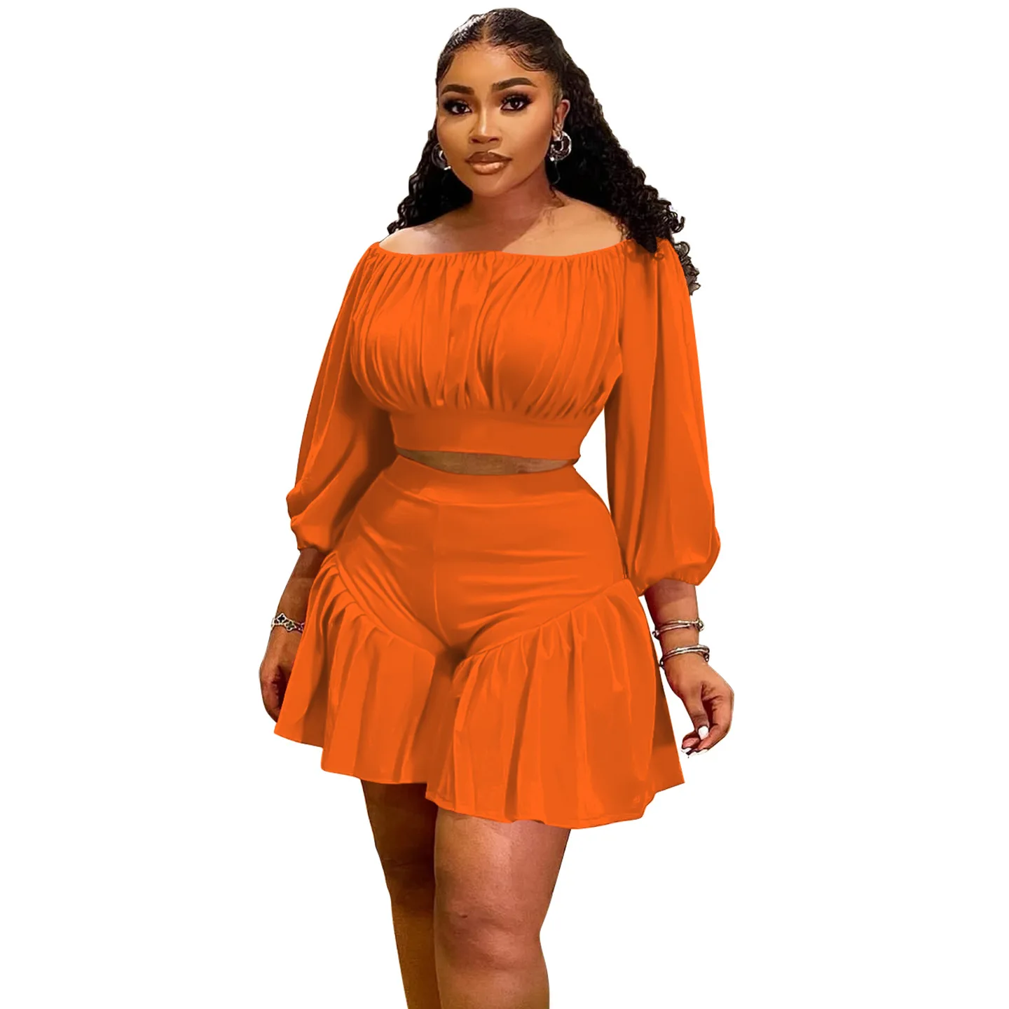 CM.YAYA Plus Size Women's Set Long Sleeve Slash Neck T-Shirt and Shorts 2025 Summer Ruched Two 2 Piece Set Outfits Tracksuit CM.YAYA Plus Size Women's Set Long Sleeve Slash Neck T-Shirt and Shorts 2025 Summer Ruched Two 2 Piece Set Outfits Tracksuit