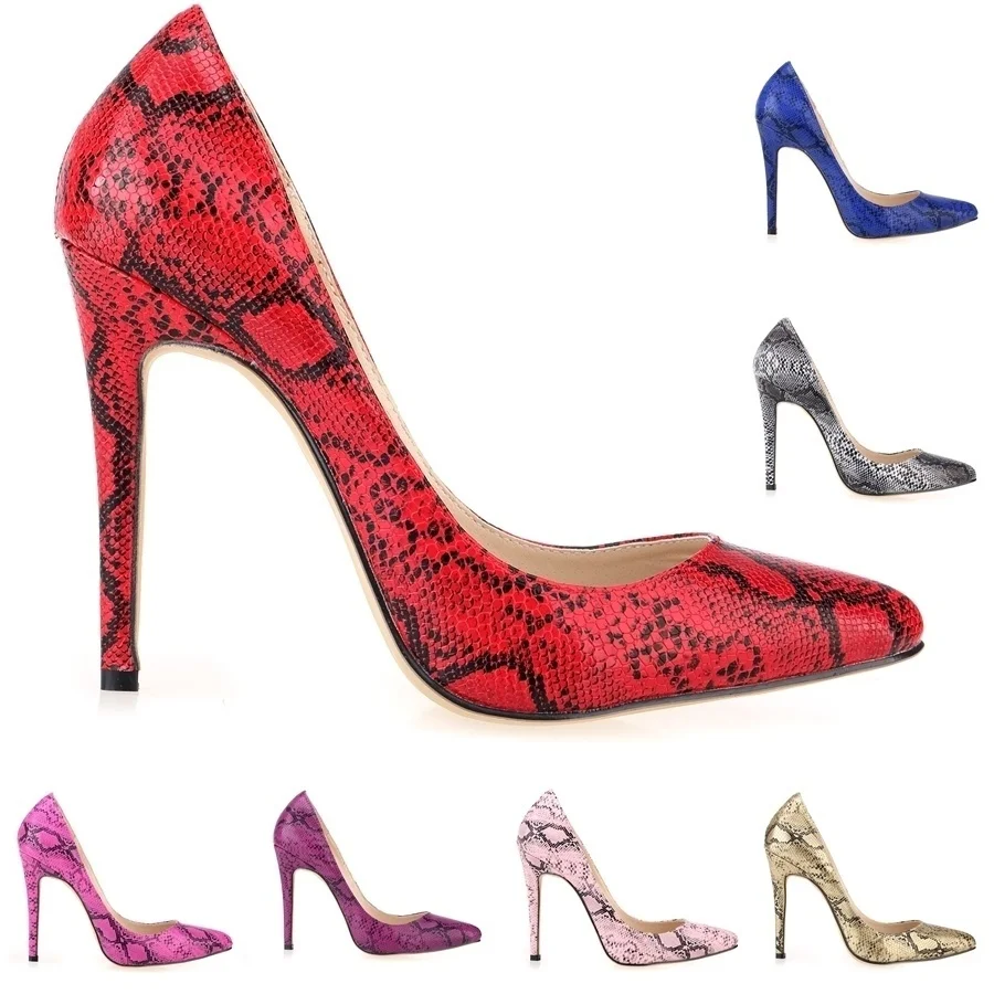 Women Sexy Pumps Classic 11cm Sexy Pointed Toe High Heels Faux Snake Print Nightclub Party Dress Pattern Red Wedding Shoes