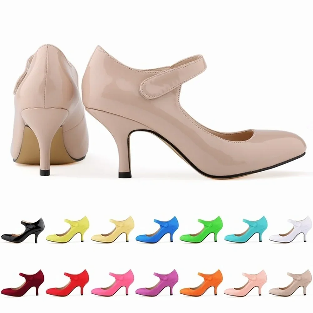 Women Pumps Casual Shallow 7cm Mid-heeled Patent Leather Ankle Strap High Heels Comfort Round Toes Mouth Work Red Wedding Shoes Women Pumps Casual Shallow 7cm Mid-heeled Patent Leather Ankle Strap High Heels Comfort Round Toes Mouth Work Red Wedding Shoes