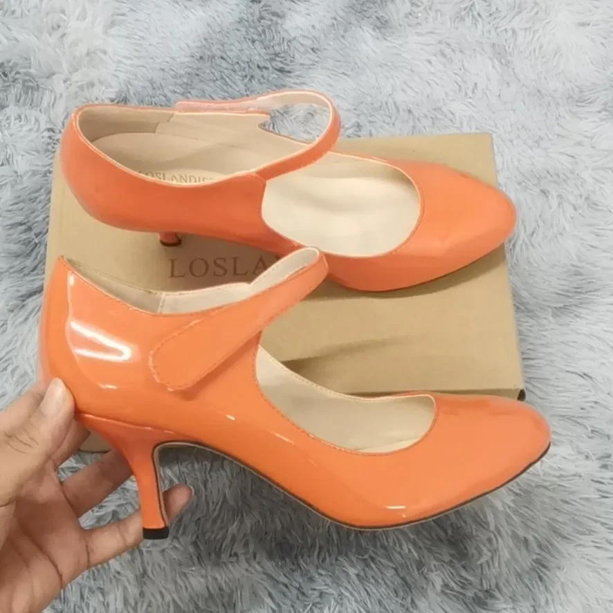 Women Pumps Casual Shallow 7cm Mid-heeled Patent Leather Ankle Strap High Heels Comfort Round Toes Mouth Work Red Wedding Shoes Women Pumps Casual Shallow 7cm Mid-heeled Patent Leather Ankle Strap High Heels Comfort Round Toes Mouth Work Red Wedding Shoes