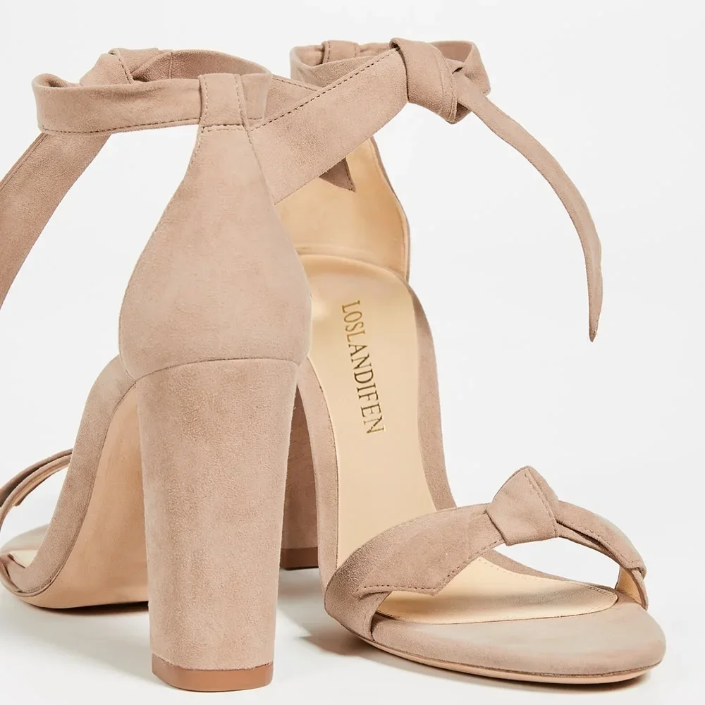 Women Sandals Summer Bow Knot Open Toe Sexy Ankle Straps High Heels Ladies Suede 11cm Thick Heel Pumps Wedding Dress Party Shoes