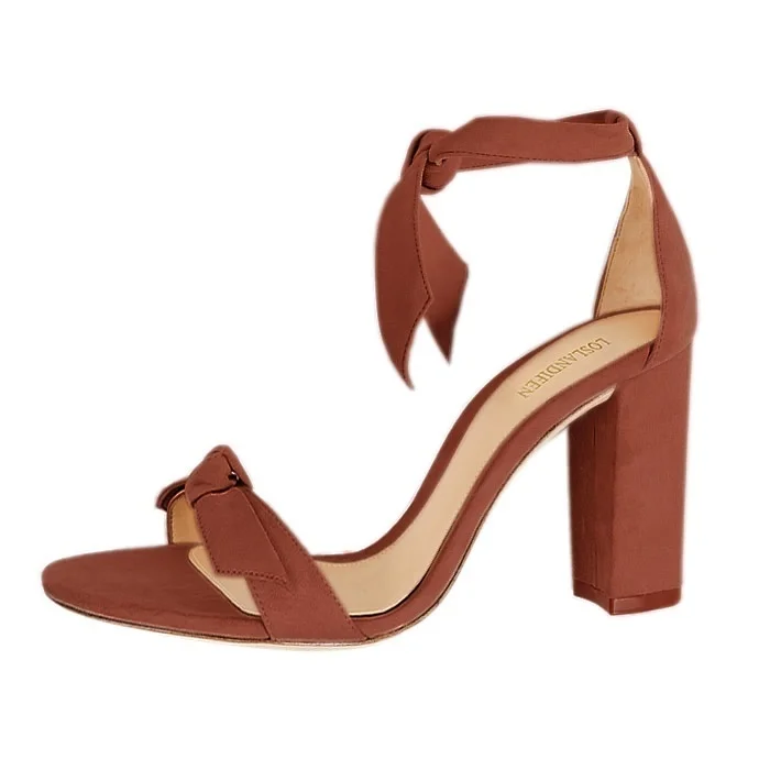 Women Sandals Summer Bow Knot Open Toe Sexy Ankle Straps High Heels Ladies Suede 11cm Thick Heel Pumps Wedding Dress Party Shoes