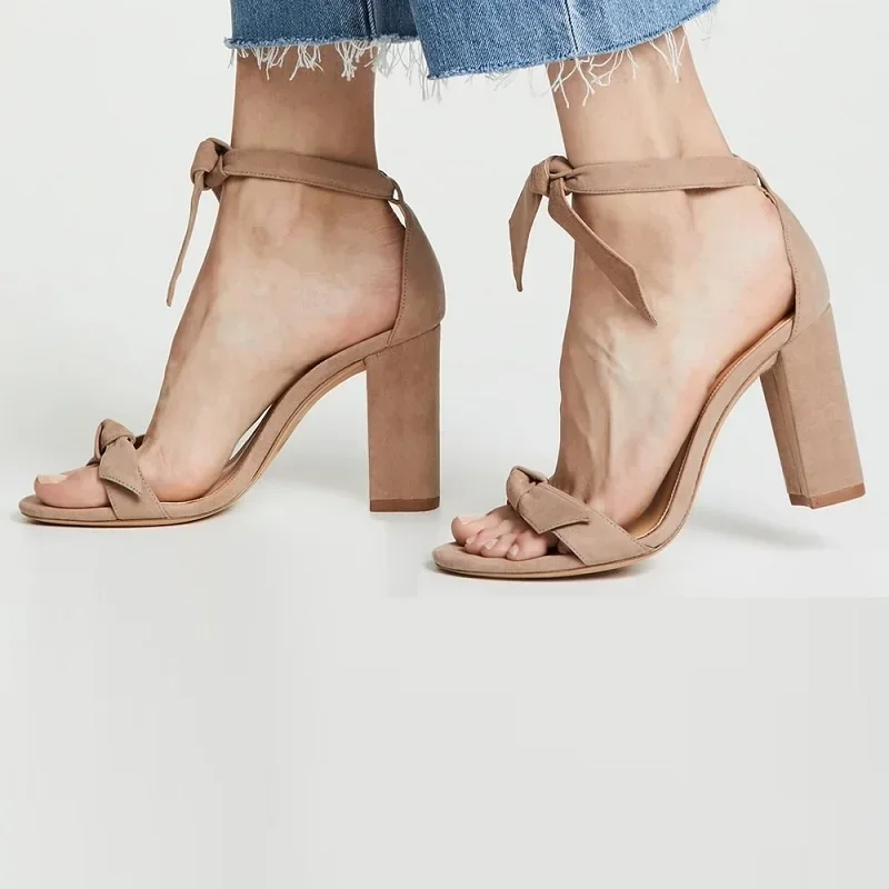Women Sandals Summer Bow Knot Open Toe Sexy Ankle Straps High Heels Ladies Suede 11cm Thick Heel Pumps Wedding Dress Party Shoes