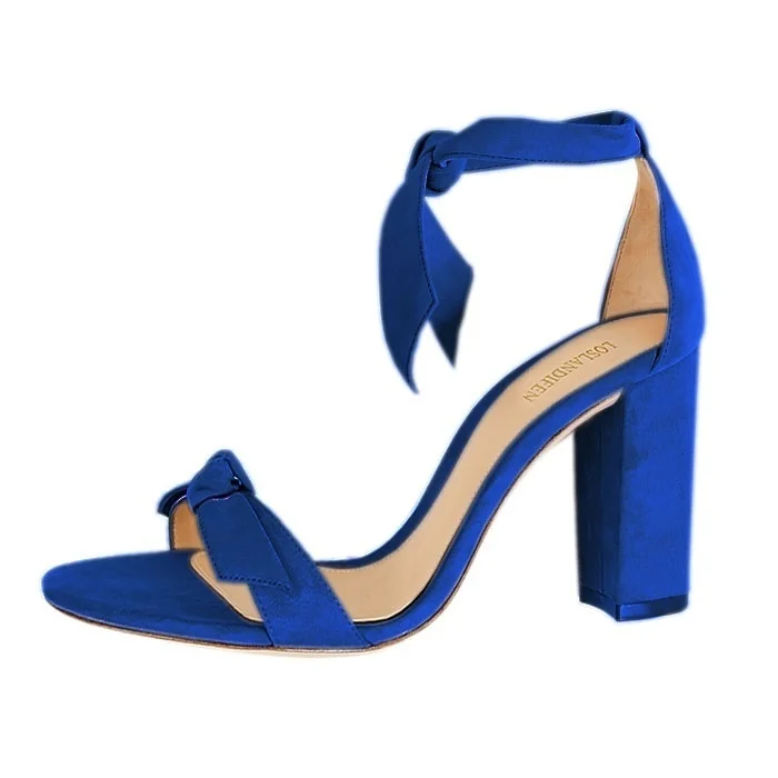 Women Sandals Summer Bow Knot Open Toe Sexy Ankle Straps High Heels Ladies Suede 11cm Thick Heel Pumps Wedding Dress Party Shoes