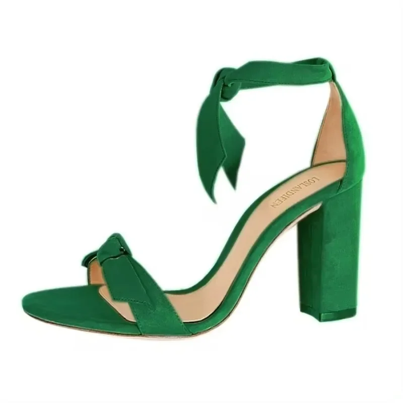 Women Sandals Summer Bow Knot Open Toe Sexy Ankle Straps High Heels Ladies Suede 11cm Thick Heel Pumps Wedding Dress Party Shoes