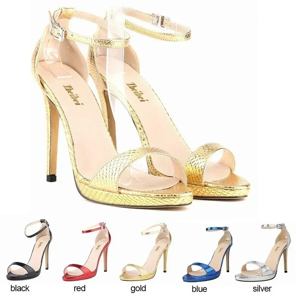 Women Sandals Summer 11cm Sexy High Heels Crocodile Leather Pumps Stilettos Pole Dance Wedding Party Dress Shoes Large Size 43