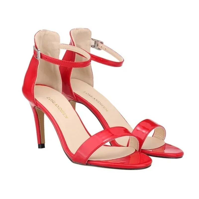 Women Ankle Strap Sandals Multi Colour Patent Summer Sexy Stilettos Party Mid High Heels Sandal Pumps Dress Red Wedding Shoes