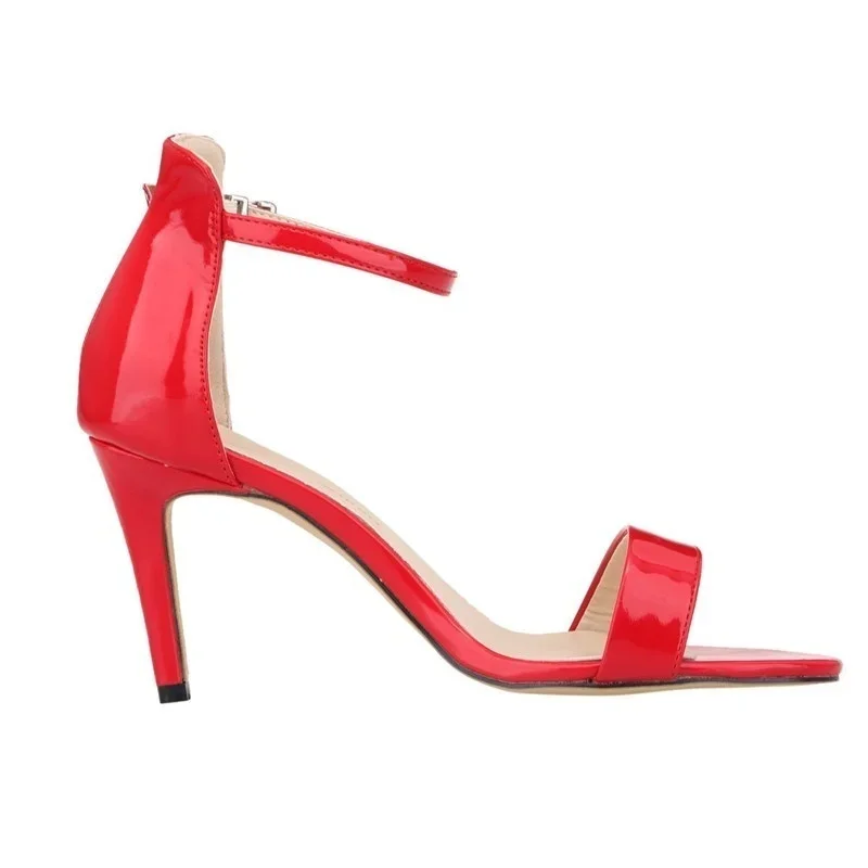 Women Ankle Strap Sandals Multi Colour Patent Summer Sexy Stilettos Party Mid High Heels Sandal Pumps Dress Red Wedding Shoes