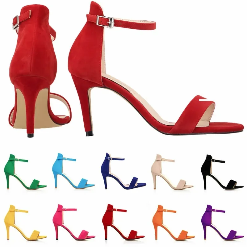 Women Sandals Stilettos Summer Sexy Pumps 9cm Thin Heel Open Toe Ankle Strap High Heels Lady Party Red Wedding Shoes Large Size
