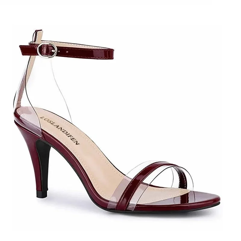 Women Sandals Stilettos Sexy PVC Clear Open Toes High Heels Patent Leather 9cm Summer Stripper Pumps Party Dress Wedding Shoes