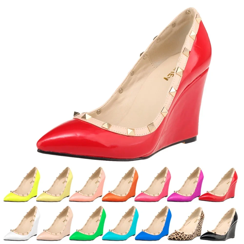 Women Pumps 11cm Sexy Pointed Toe Rivets High Heels Wedges Platform Female Patent Leather Red Party Dress Wedding Shoes