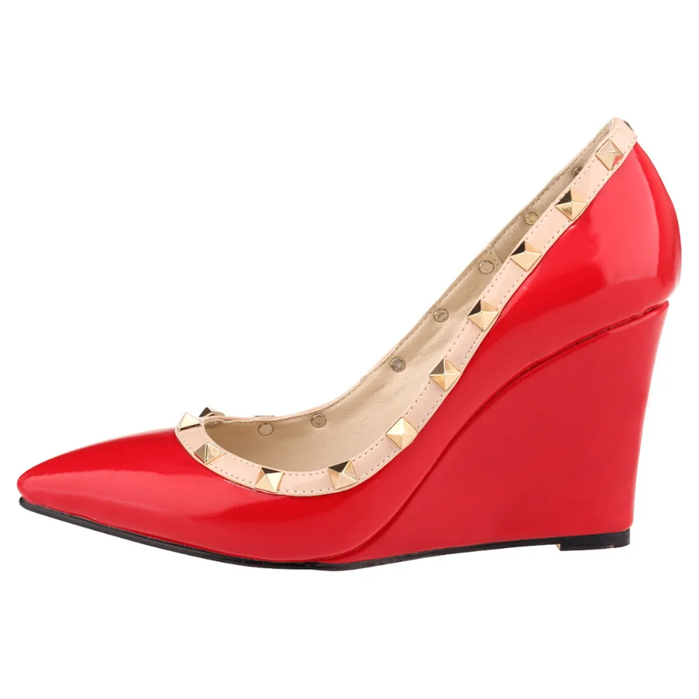 Women Pumps 11cm Sexy Pointed Toe Rivets High Heels Wedges Platform Female Patent Leather Red Party Dress Wedding Shoes Women Pumps 11cm Sexy Pointed Toe Rivets High Heels Wedges Platform Female Patent Leather Red Party Dress Wedding Shoes