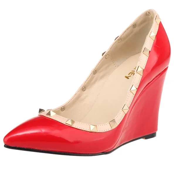 Women Pumps 11cm Sexy Pointed Toe Rivets High Heels Wedges Platform Female Patent Leather Red Party Dress Wedding Shoes