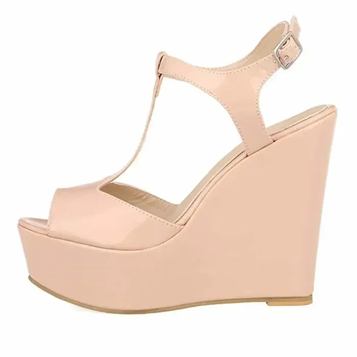 Women Wedge Sandals 2026 New Summer 14cm Open Toe Sexy Ankle Strap High Heels Patent Leather Platform Pumps Party Wedding Shoes