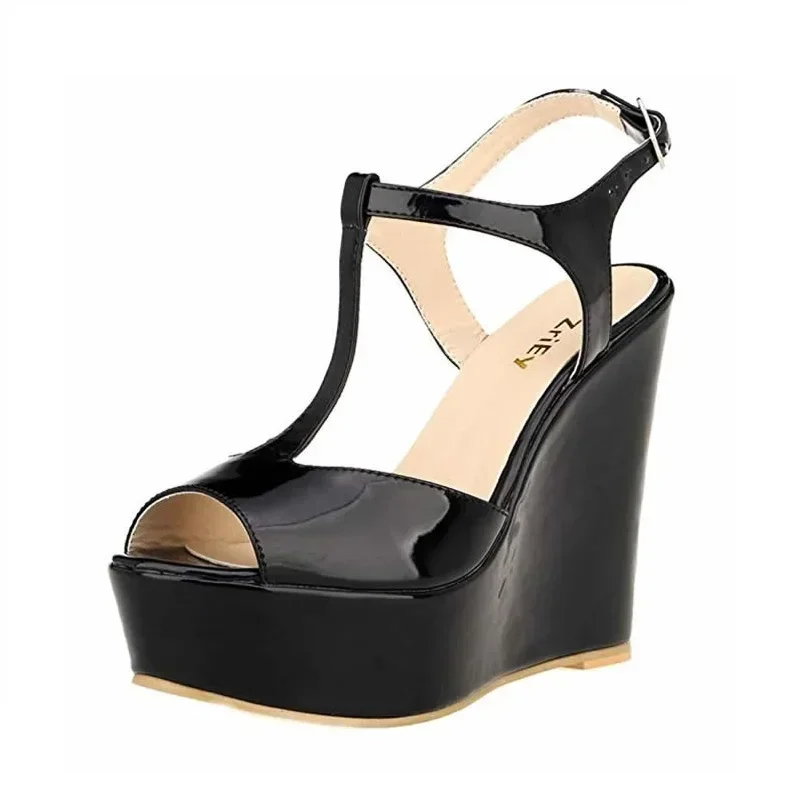 Women Wedge Sandals 2026 New Summer 14cm Open Toe Sexy Ankle Strap High Heels Patent Leather Platform Pumps Party Wedding Shoes