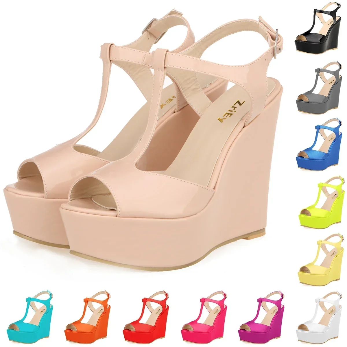 Women Wedge Sandals 2026 New Summer 14cm Open Toe Sexy Ankle Strap High Heels Patent Leather Platform Pumps Party Wedding Shoes