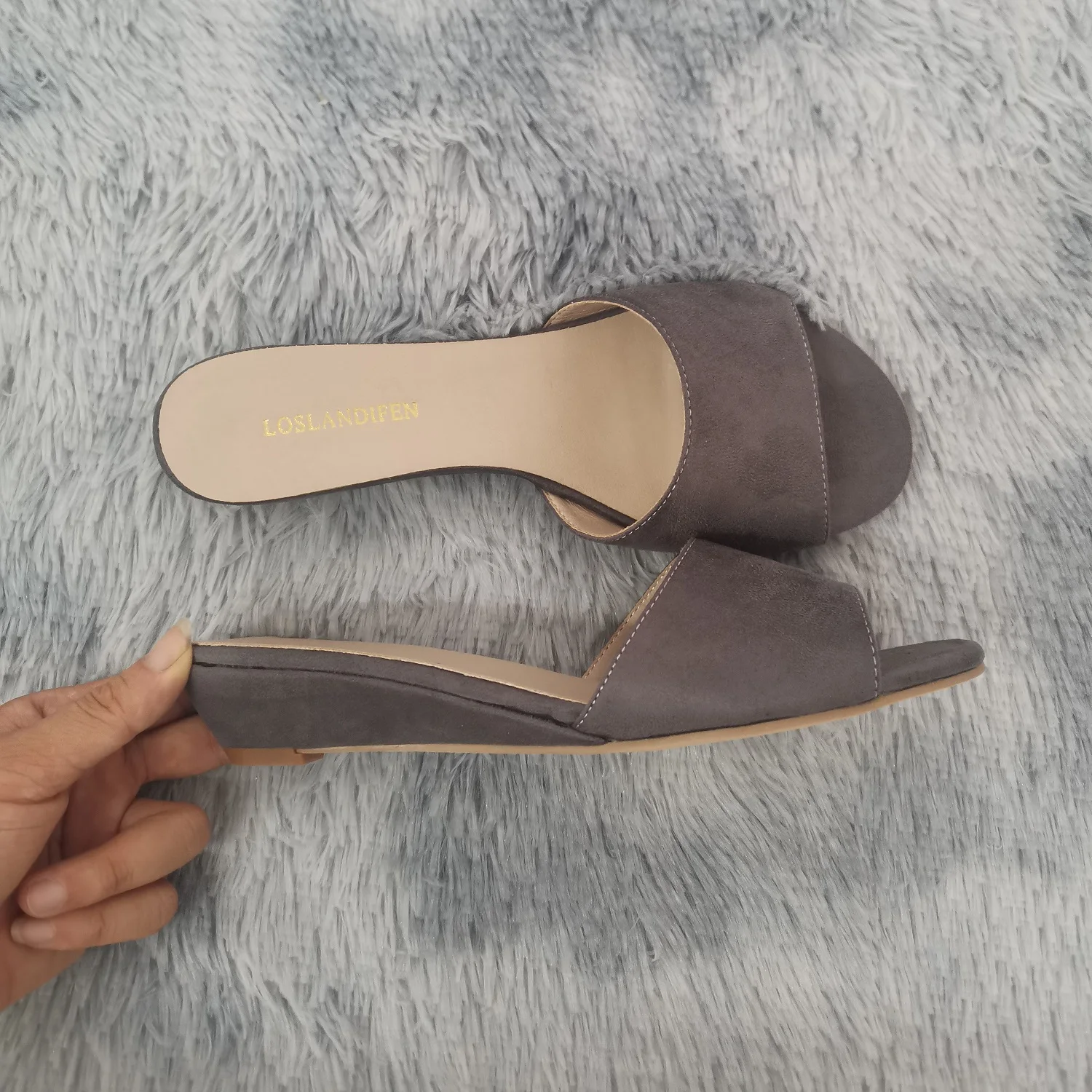 Women Temperament Slippers 3cm Velvet Mules Wedge Sandals Slipper Open Toe High Heels Casual Dress Party Woman Shoes Plus Size